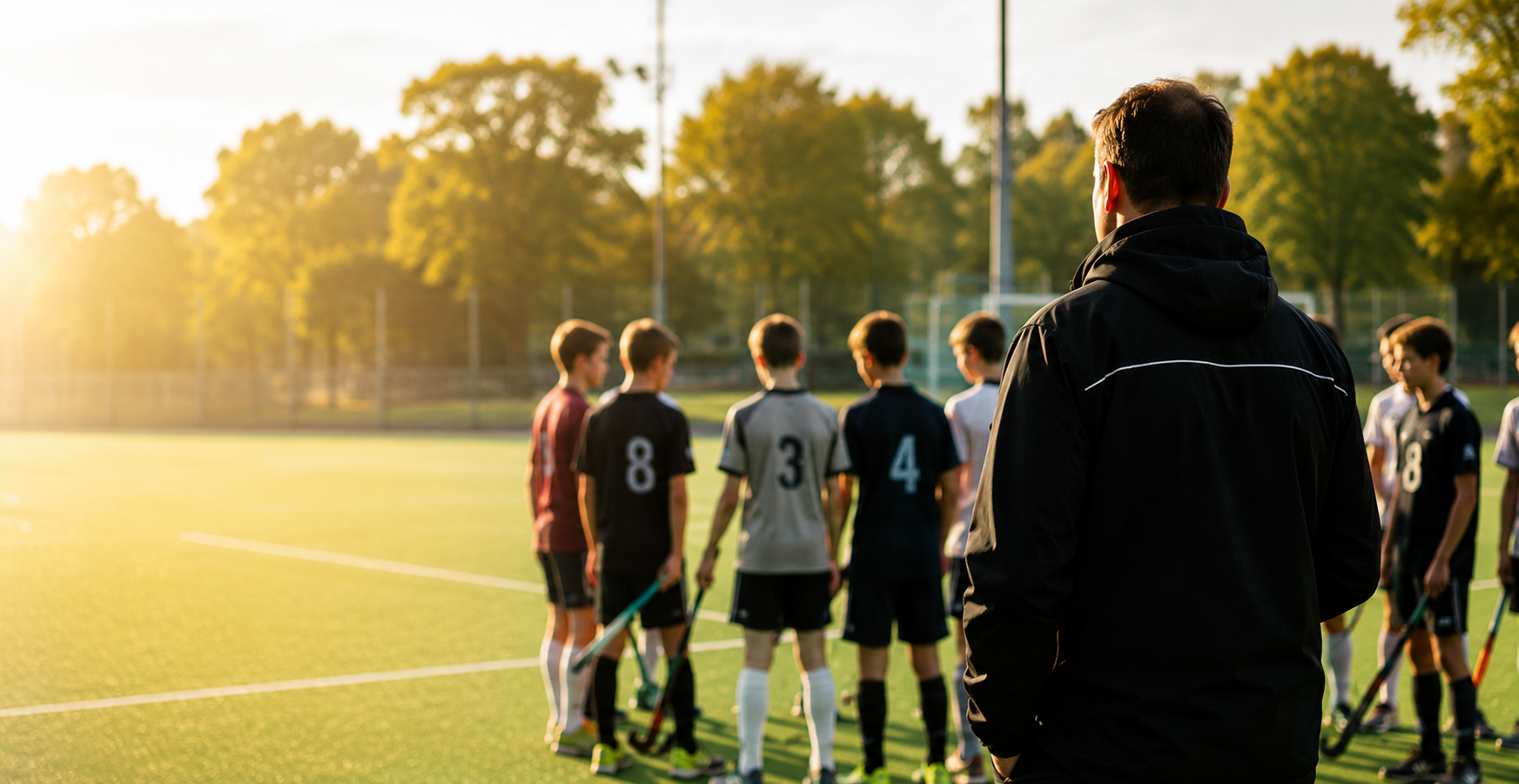 Coach met spelers op hockeyveld in zonlicht